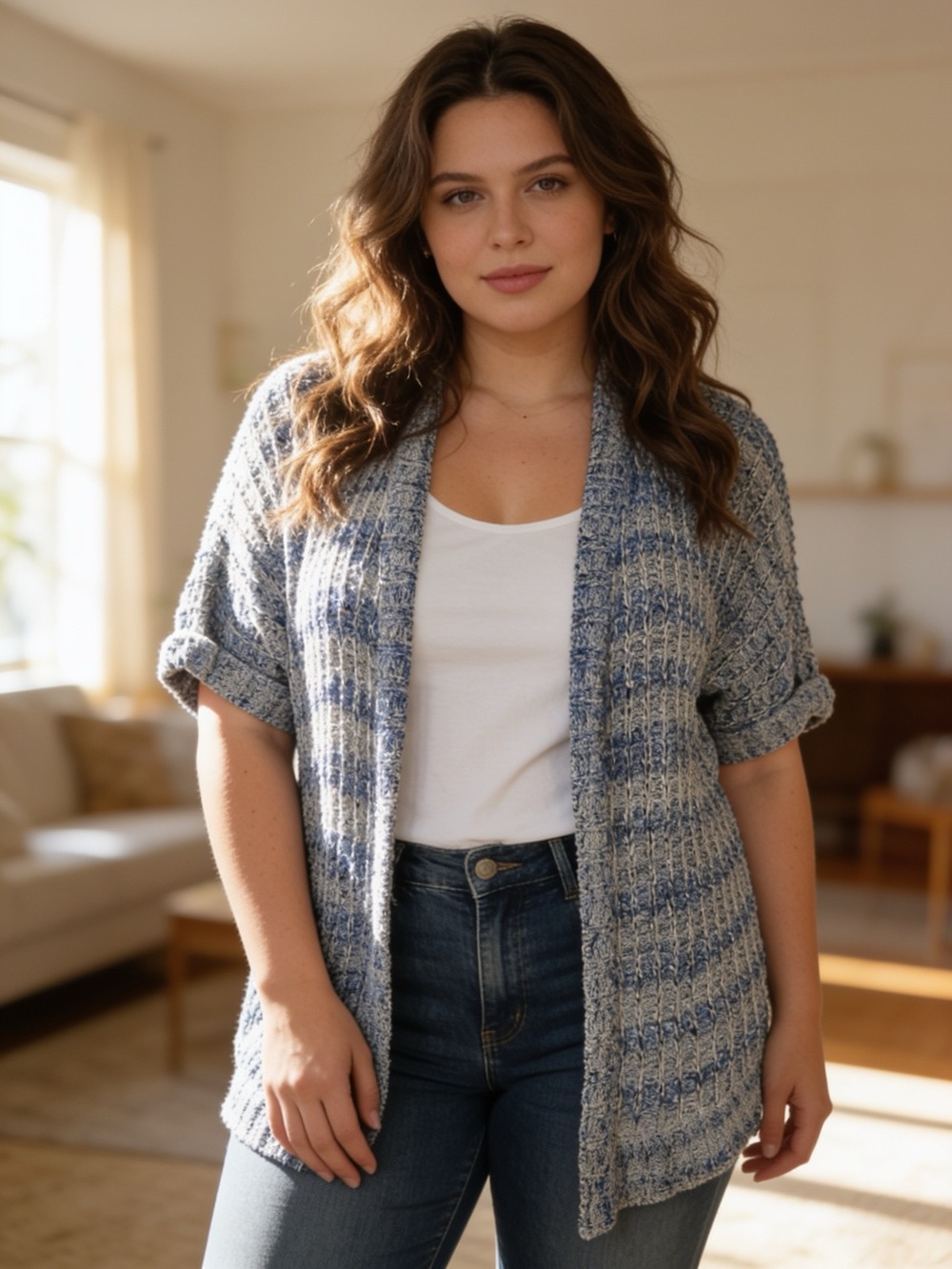 Chico’s Size 3 XL Blue White Textured Knit Open Front Cardigan 3/4 Sleeve
